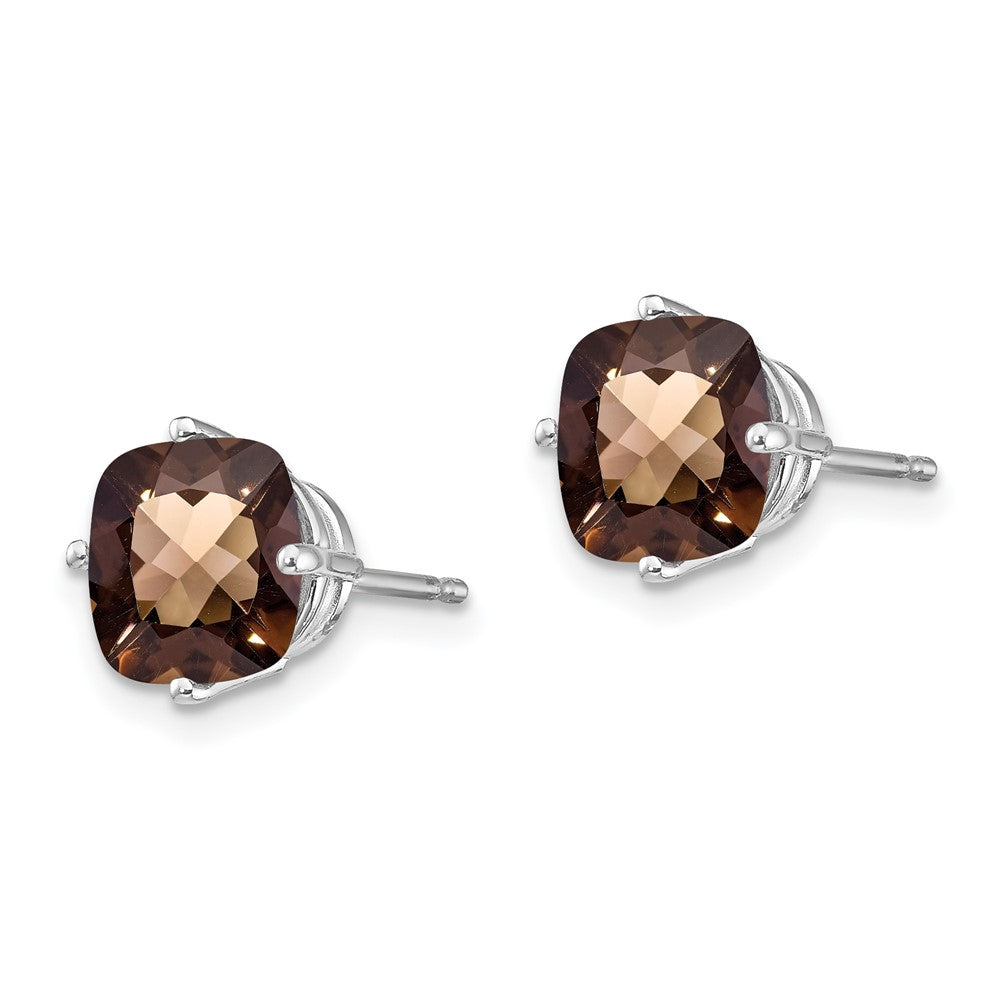 14K Weißgold Ohrringe mit 7 mm Kissenschliff Rauchquarz und Gelbgold-Details