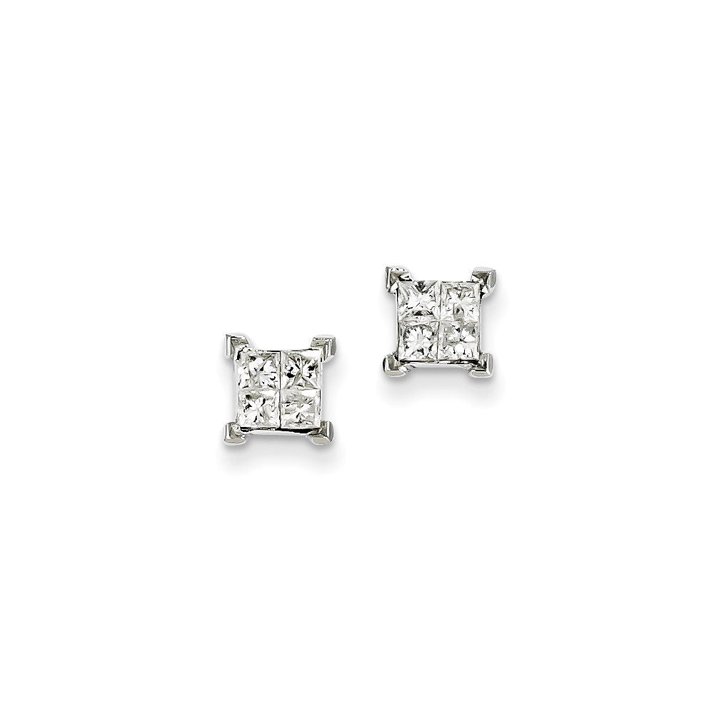 14K Weißgold Ohrstecker mit echten Diamanten im Prinzessschliff und Schraubverschluss