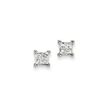 14K Weißgold Ohrstecker mit echten Diamanten im Prinzessschliff und Schraubverschluss