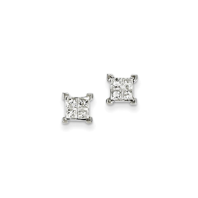14K Weißgold Ohrstecker mit echten Diamanten im Prinzessschliff und Schraubverschluss