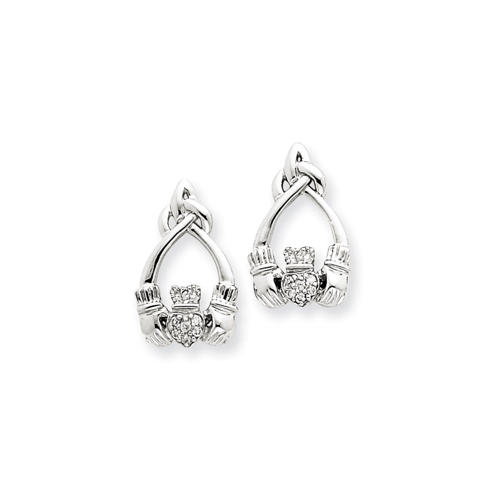 14K Weißgold Claddagh-Ohrstecker mit echten Diamanten