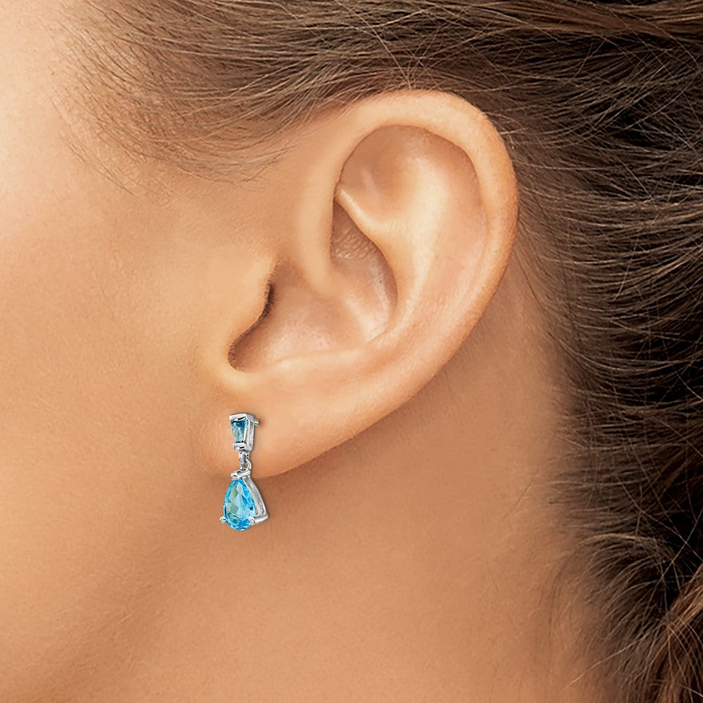 Massiv 14K Weißgold Synthetisch Blautopas Hängend Ohrstecker