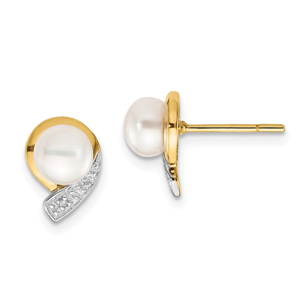 14K Gelbgold 5 6mm Weiß Knopf Fwc Perle.01ct Diamant Ohrstecker