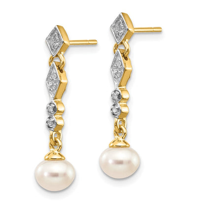14K Gelbgold mit Rhodium 5-6mm Halb-round Fwc Perle.04ct Echt Diamant Ohrringe