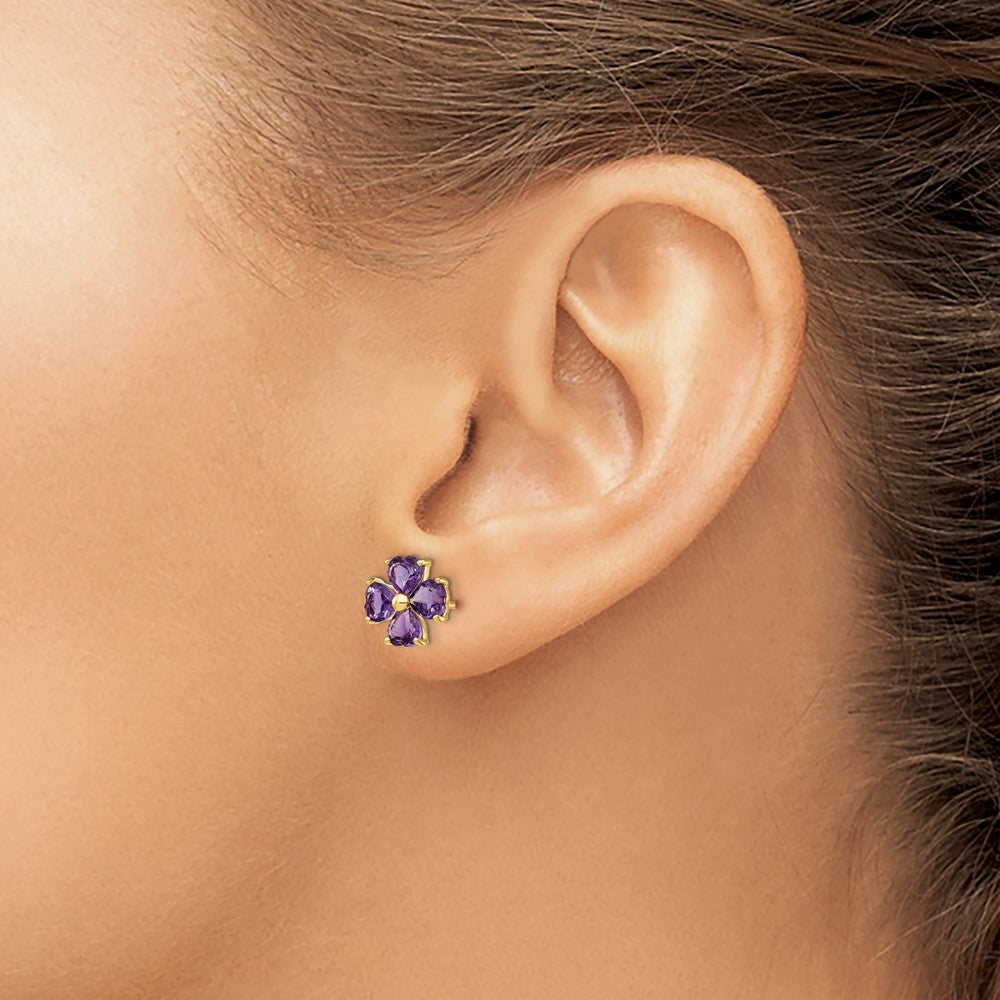 14K Gelbgold Ohrstecker mit herzförmigem Amethyst-Blumenmotiv