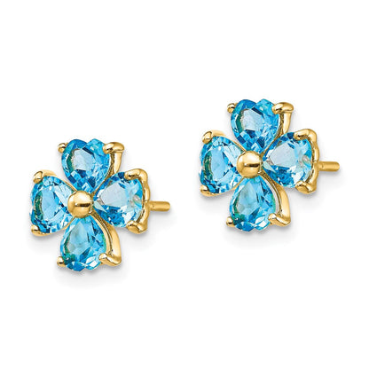14K Gelbgold Ohrstecker in Herzform mit Blumen-Design und Schweizer Blautopas