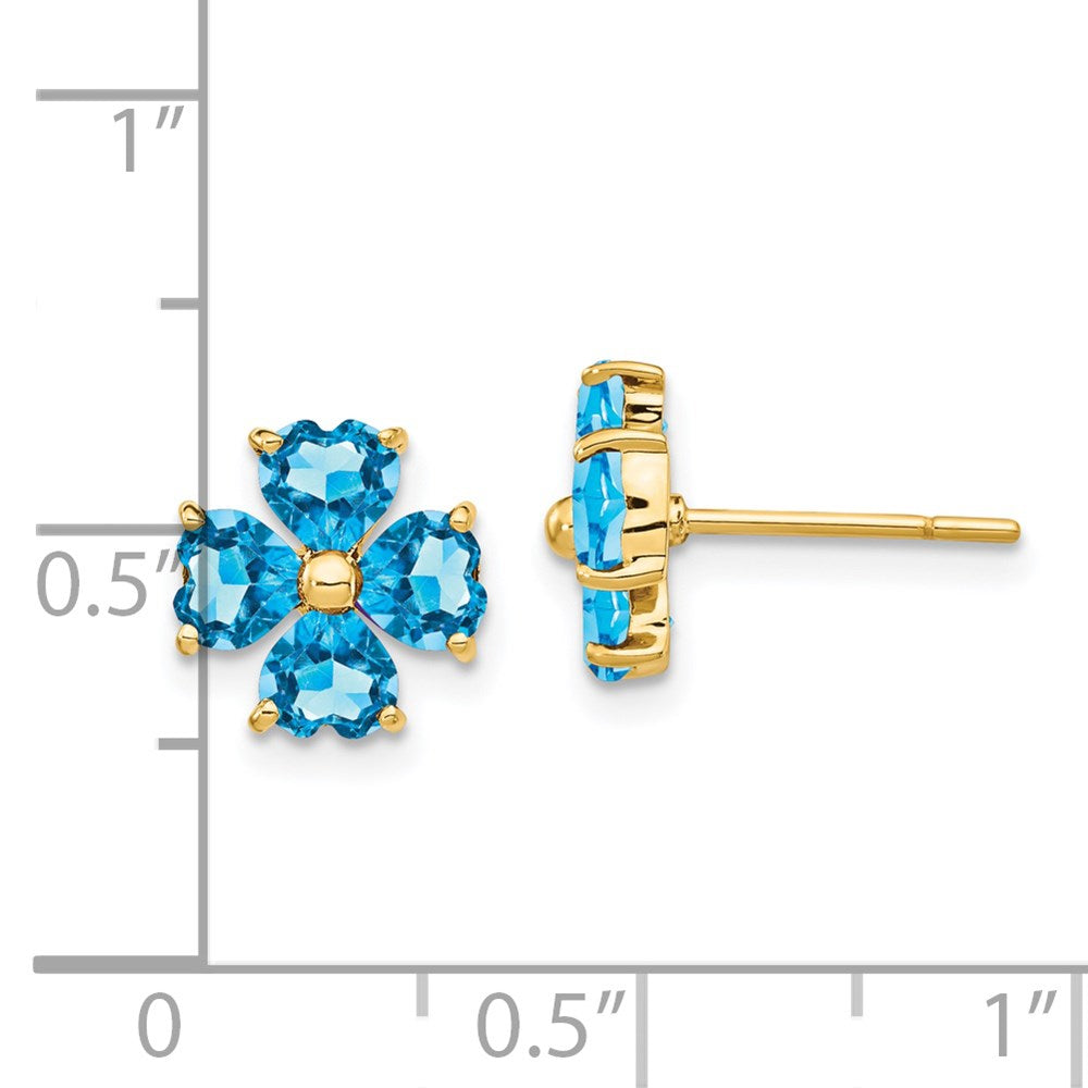 14K Gelbgold Ohrstecker in Herzform mit Blumen-Design und Schweizer Blautopas