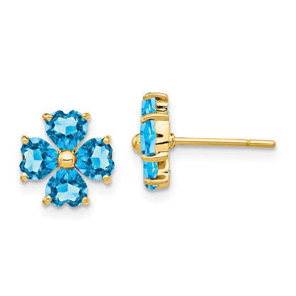 14K Gelbgold Ohrstecker in Herzform mit Blumen-Design und Schweizer Blautopas