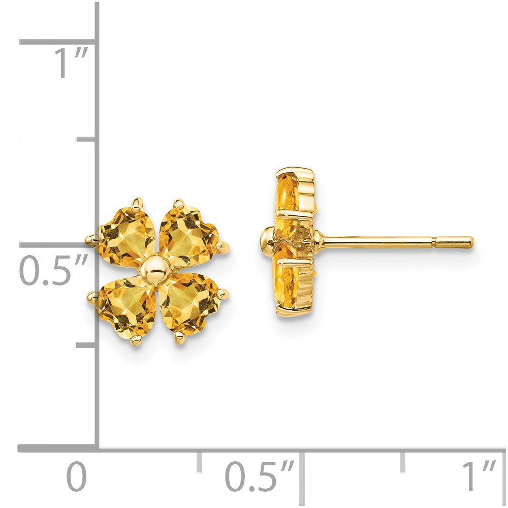 Massiv 14K Gelbgold Herz-shaped Synthetisch Citrin Blume Ohrstecker