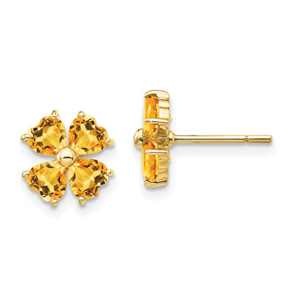 Massiv 14K Gelbgold Herz-shaped Synthetisch Citrin Blume Ohrstecker