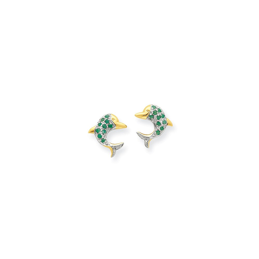 14K Gelbgold & Rhodium Smaragd & Echt Diamant Delfin Ohrstecker