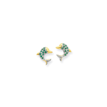14K Gelbgold & Rhodium Smaragd & Echt Diamant Delfin Ohrstecker