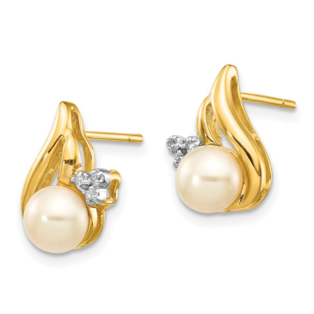 14K Gelb & Rhodium und 5 6mm Knopf Fwc Perle.02ct Diamant Ohrstecker