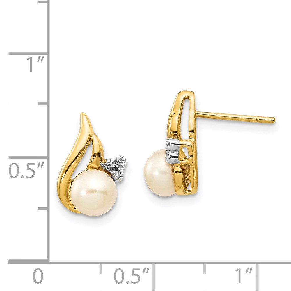 14K Gelb & Rhodium und 5 6mm Knopf Fwc Perle.02ct Diamant Ohrstecker