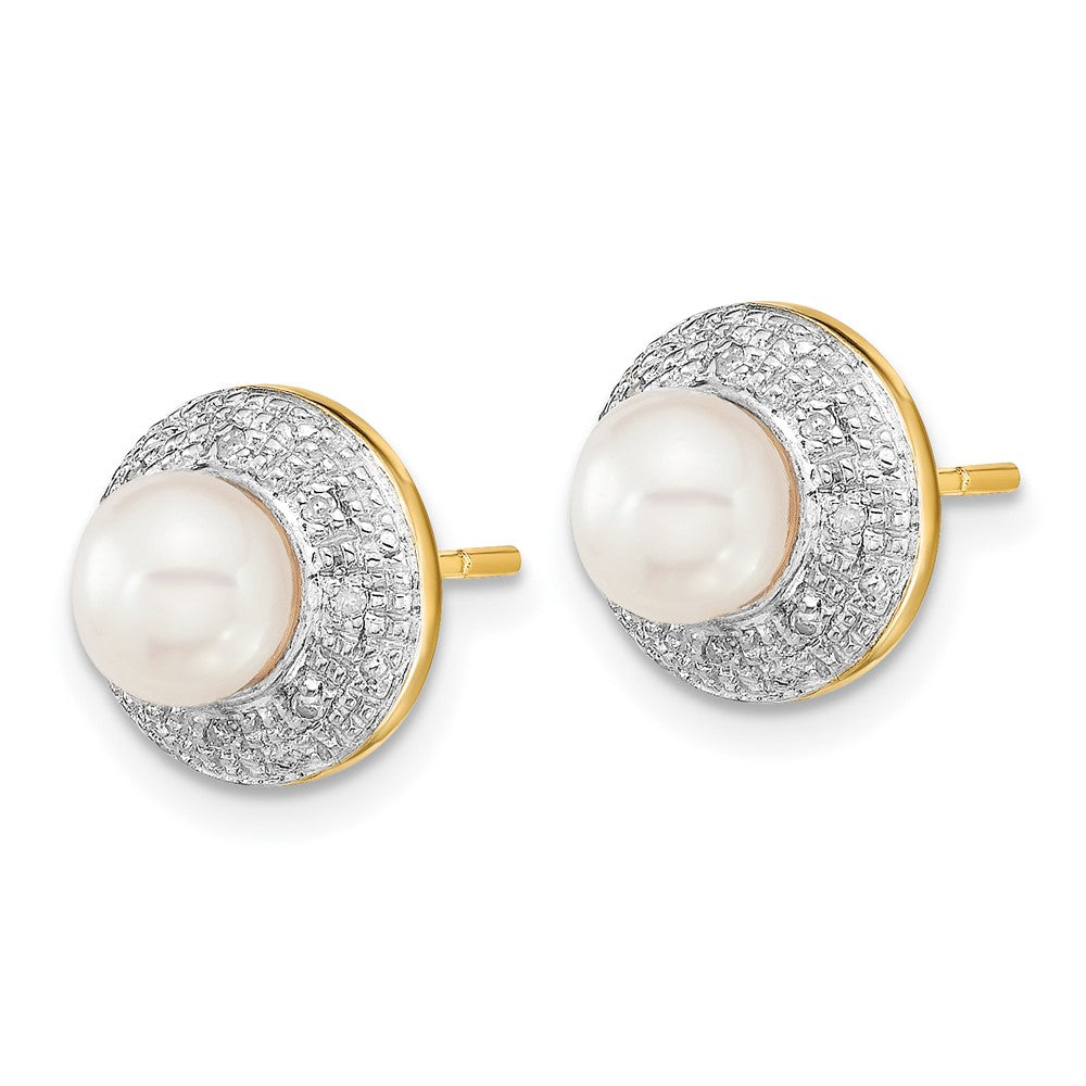 14K Gelbgold und Rhodium 5-6mm Knopf Fwc Perle.05ct Echt Diamant Ohrstecker