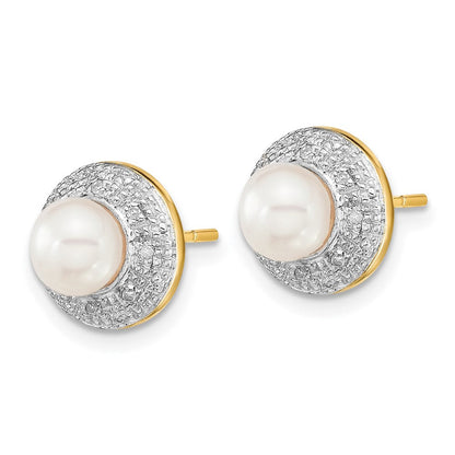 14K Gelbgold und Rhodium 5-6mm Knopf Fwc Perle.05ct Echt Diamant Ohrstecker