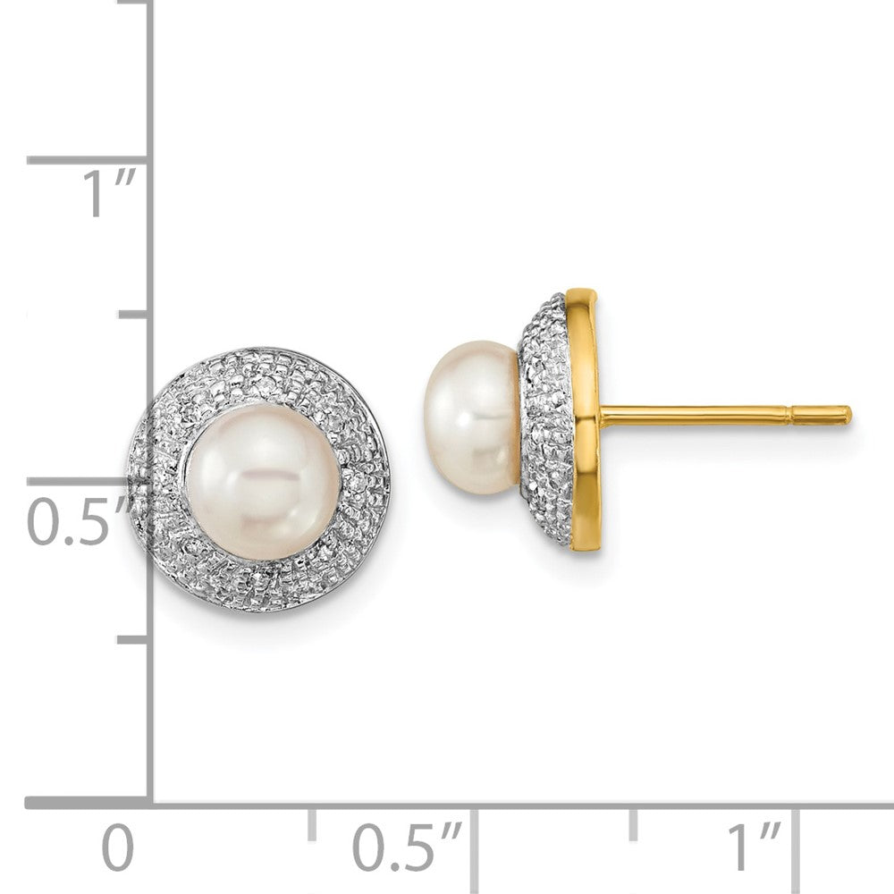 14K Gelbgold und Rhodium 5-6mm Knopf Fwc Perle.05ct Echt Diamant Ohrstecker