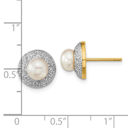 14K Gelbgold und Rhodium 5-6mm Knopf Fwc Perle.05ct Echt Diamant Ohrstecker