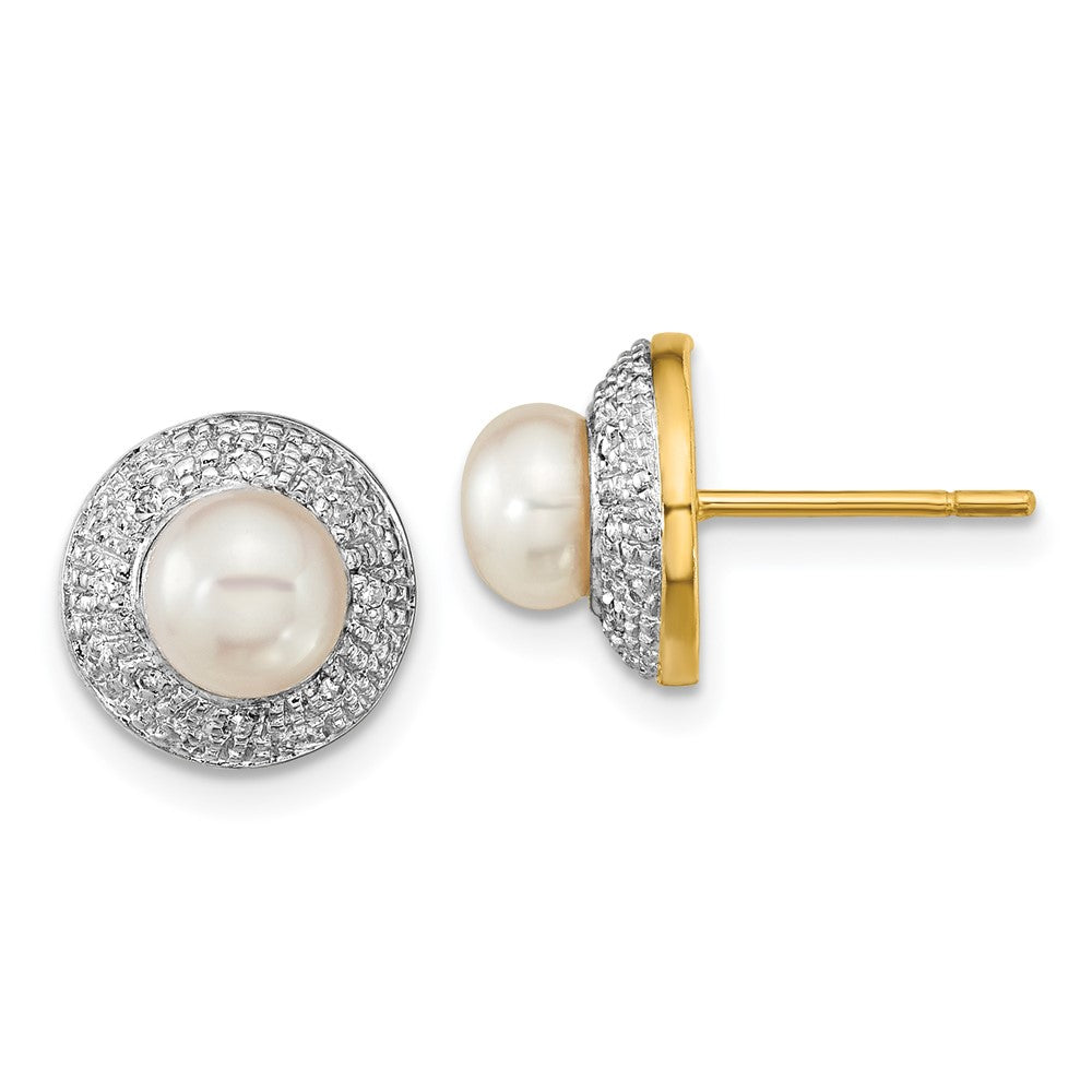 14K Gelbgold und Rhodium 5-6mm Knopf Fwc Perle.05ct Echt Diamant Ohrstecker