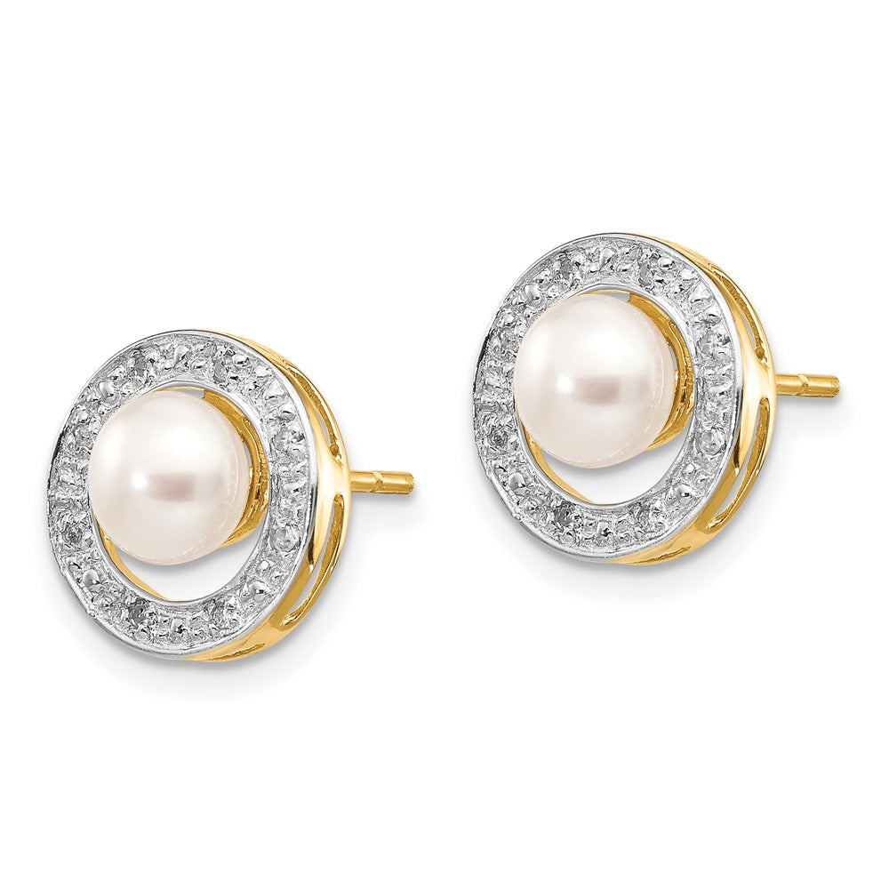 14K Gelbgold und Rhodium 5-6mm Knopf Fwc Perle.05ct Echt Diamant Ohrstecker