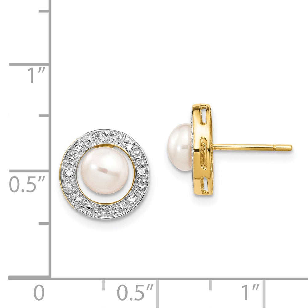 14K Gelbgold und Rhodium 5-6mm Knopf Fwc Perle.05ct Echt Diamant Ohrstecker