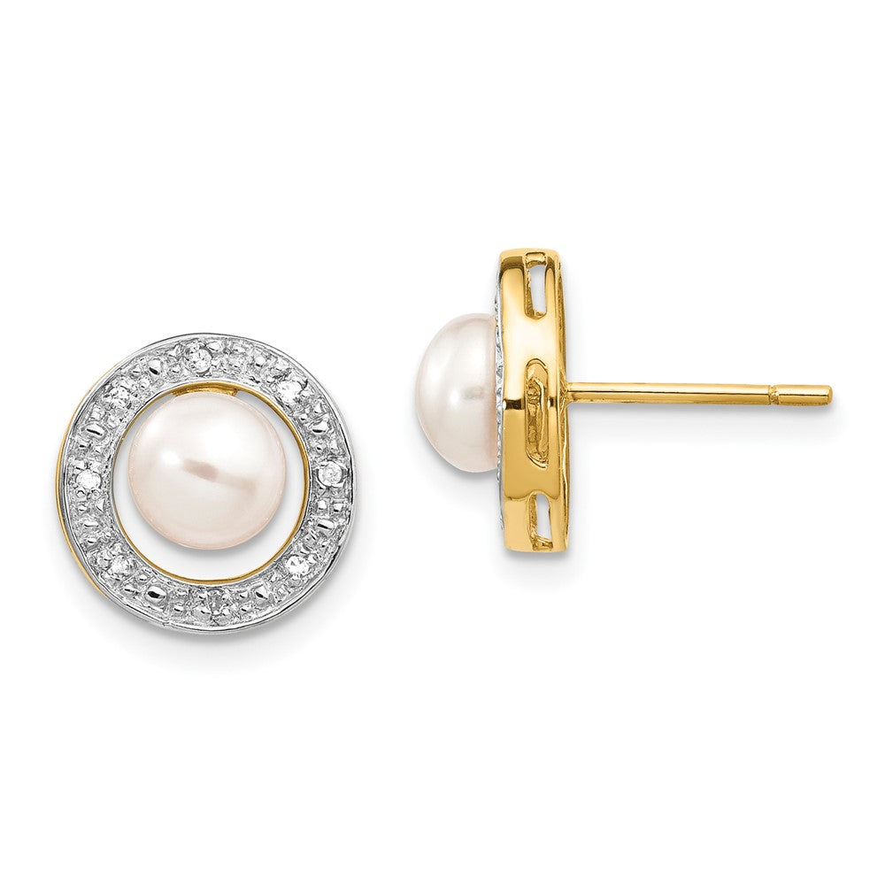 14K Gelbgold und Rhodium 5-6mm Knopf Fwc Perle.05ct Echt Diamant Ohrstecker