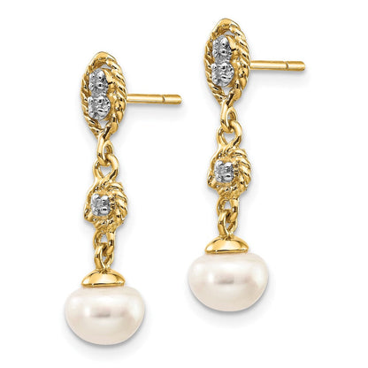 14K Gelbgold mit Rhodium 6-7mm Halb-round Fwc Perle.02ct Echt Diamant Ohrringe