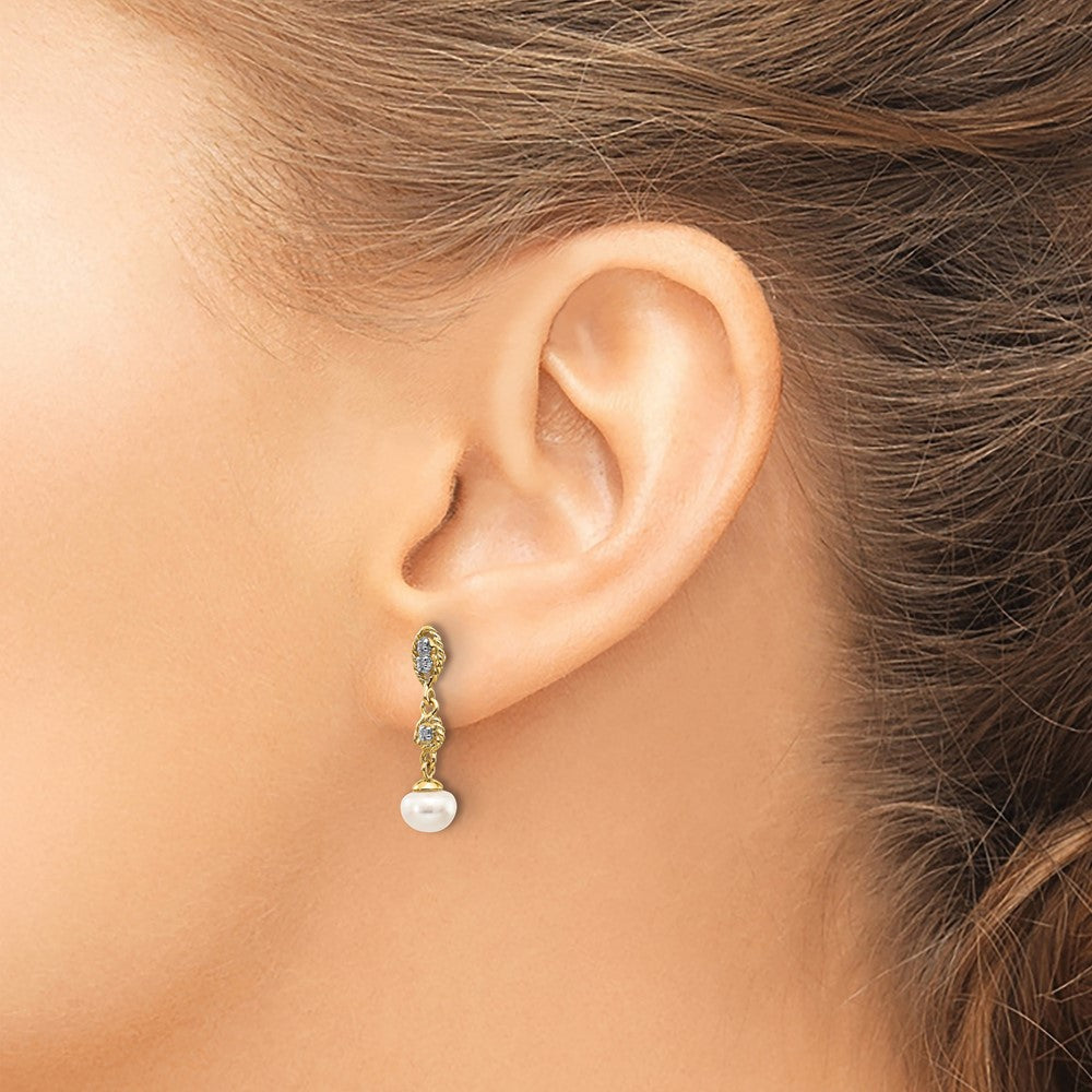 14K Gelbgold mit Rhodium 6-7mm Halb-round Fwc Perle.02ct Echt Diamant Ohrringe