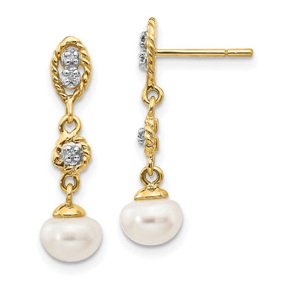 14K Gelbgold mit Rhodium 6-7mm Halb-round Fwc Perle.02ct Echt Diamant Ohrringe