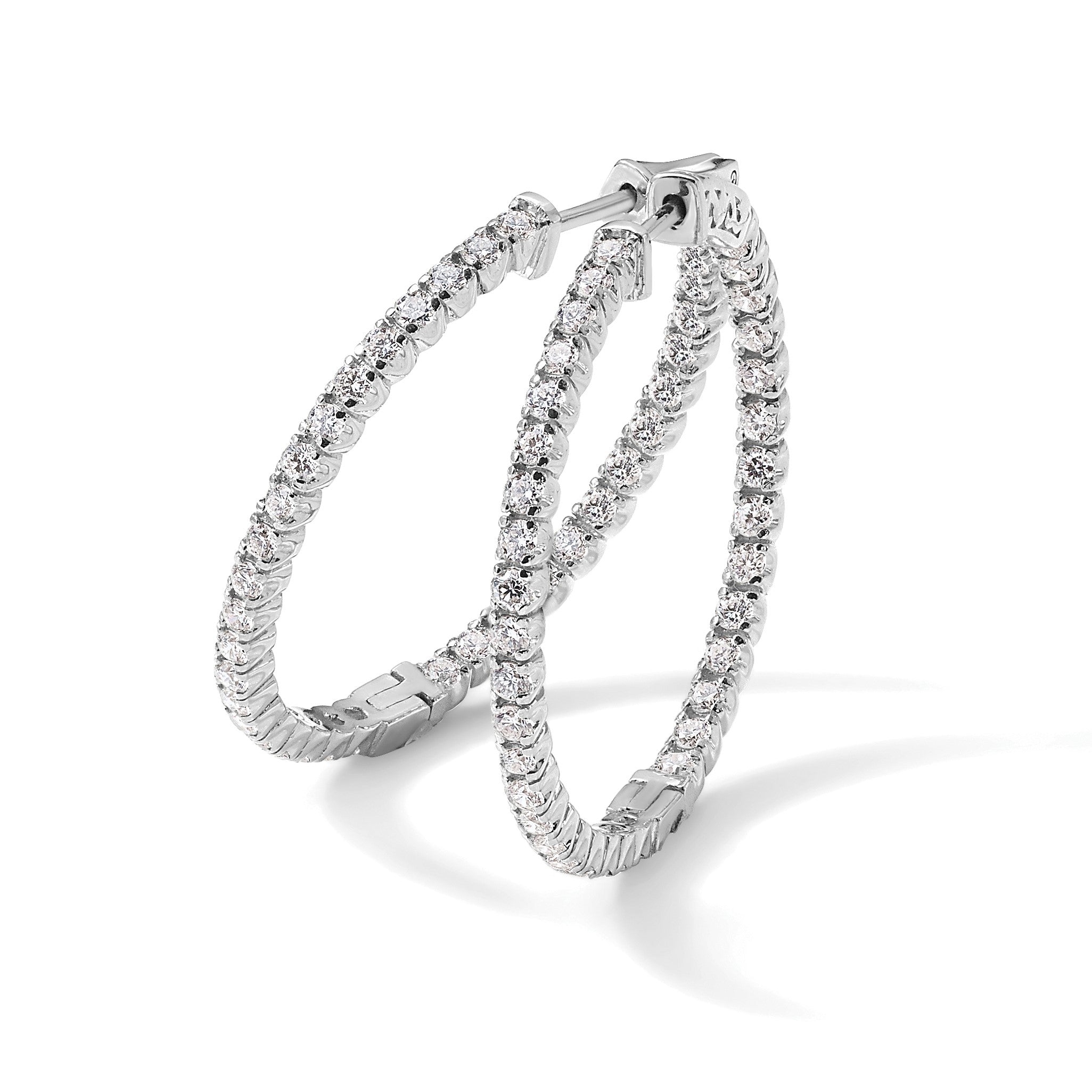 14K Weißgold Creolen mit runden Diamanten und Sicherheitsverschluss