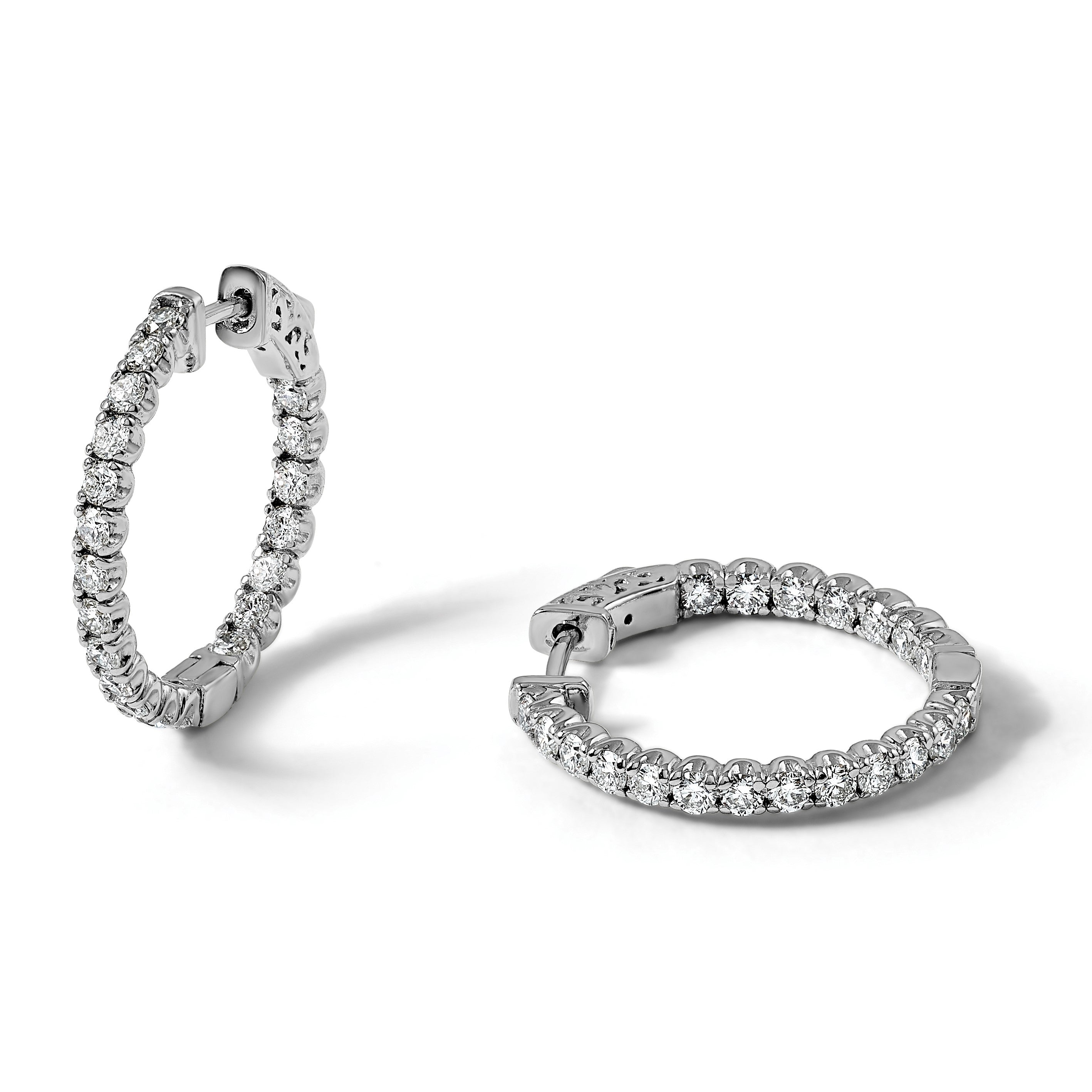 14K Weißgold Creolen-Ohrringe mit 2 ct. im Labor gezüchteten Diamanten, VS/SI+, G+, rund, Innen-und-Außen-Design, mit Sicherheitsverschluss