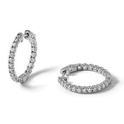 14K Weißgold Creolen-Ohrringe mit 2 ct. im Labor gezüchteten Diamanten, VS/SI+, G+, rund, Innen-und-Außen-Design, mit Sicherheitsverschluss