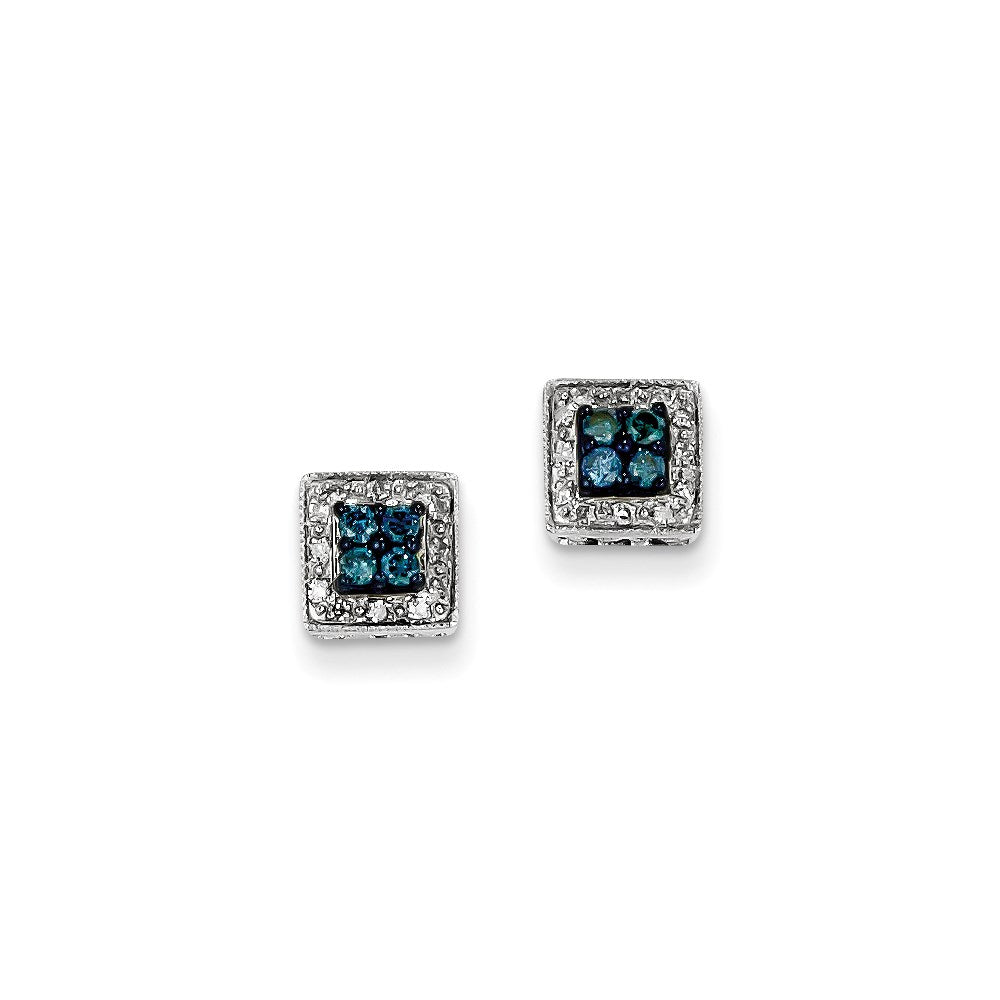 14K Weißgold Ohrstecker eckig mit weißen und blauen Diamanten