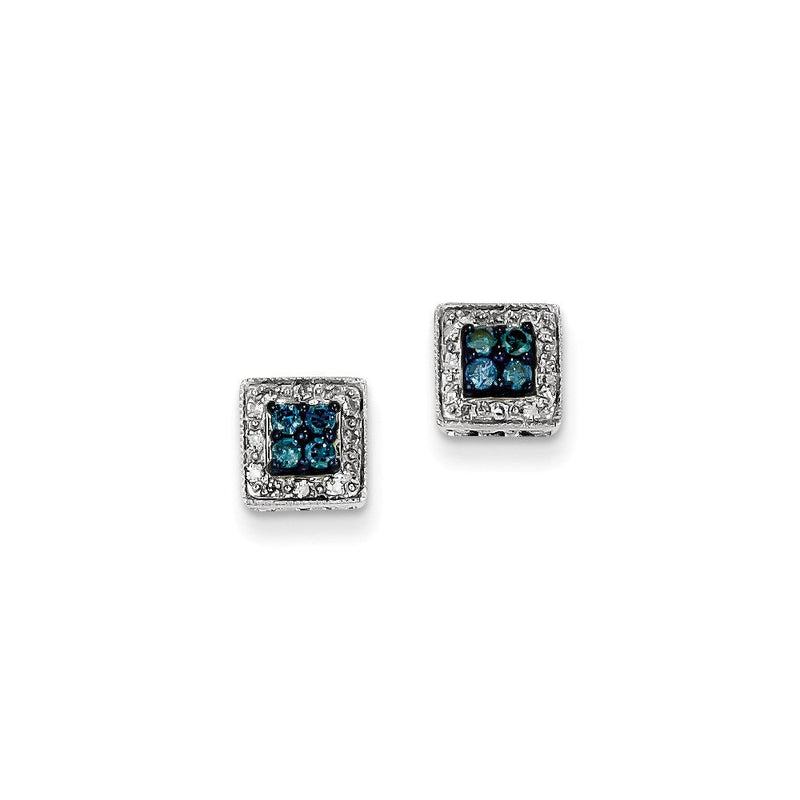 14K Weißgold Ohrstecker eckig mit weißen und blauen Diamanten