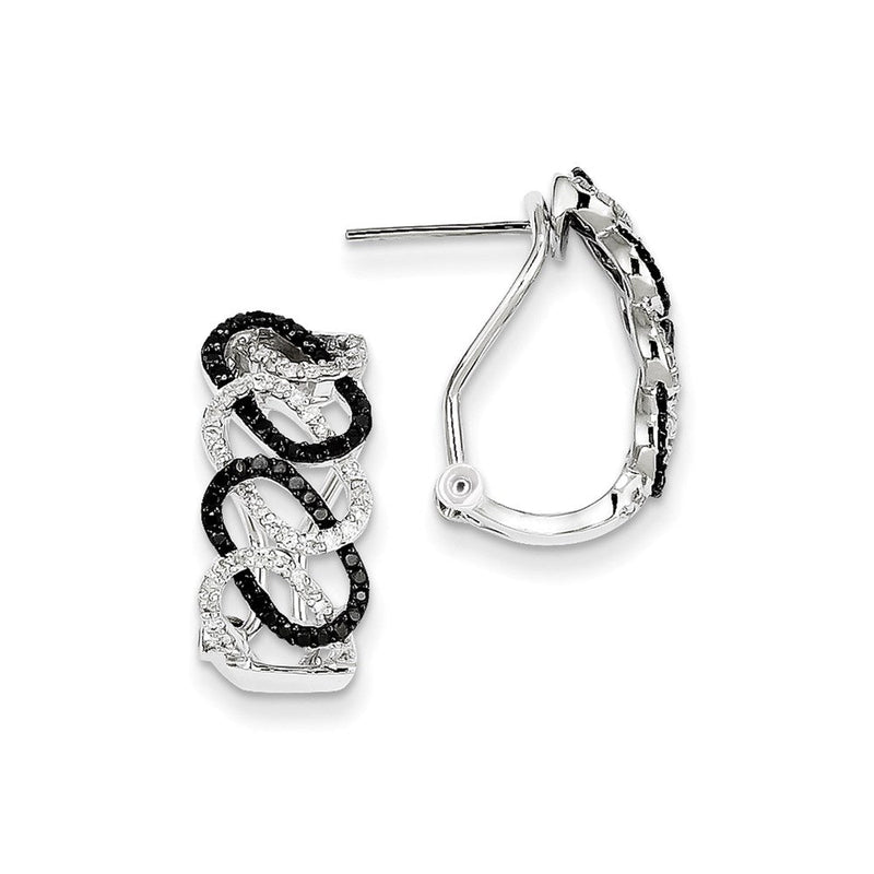 14K Weißgold Ohrringe mit schwarzen und weißen Diamanten, oval, mit Omega-Verschluss