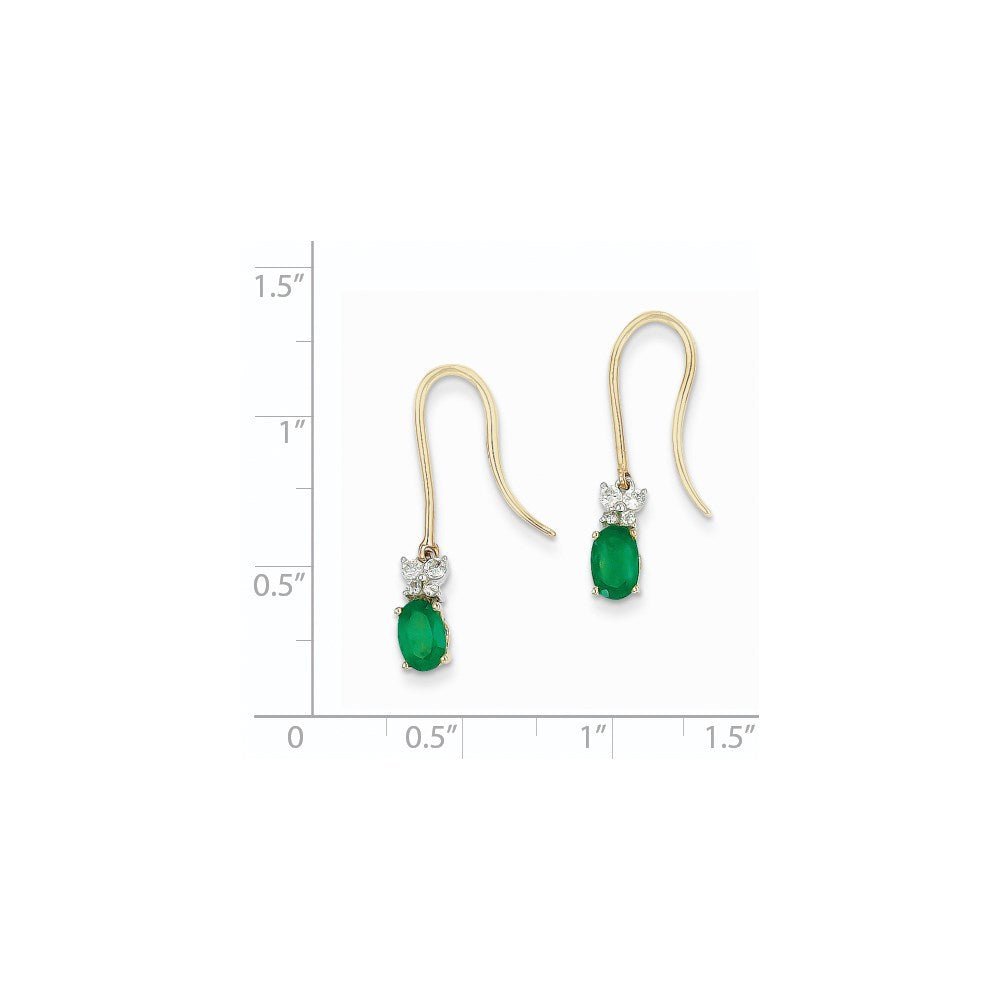 14K Gelbgold 1/8ct Echt Diamant & Smaragd Hirte Haken Ohrringe