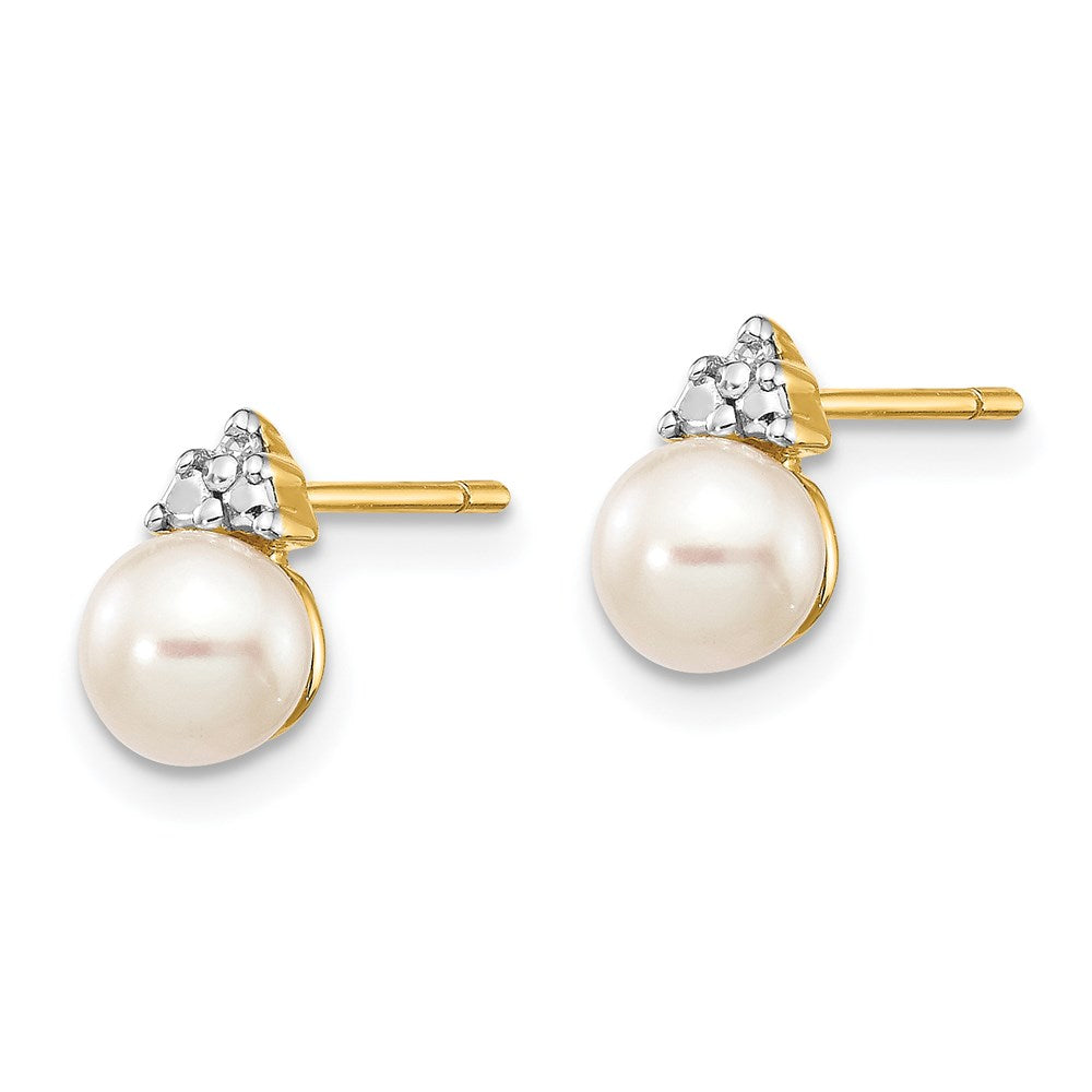 14K Gelbgold Ohrstecker mit 5-6 mm weißer runder Süßwasser-Zuchtperle und 0,01 ct. echten Diamanten