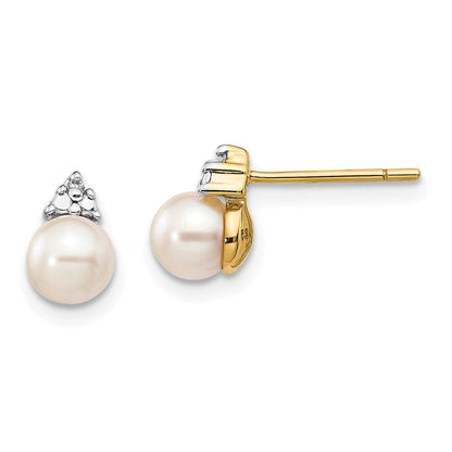 14K Gelbgold Ohrstecker mit 5-6 mm weißer runder Süßwasser-Zuchtperle und 0,01 ct. echten Diamanten