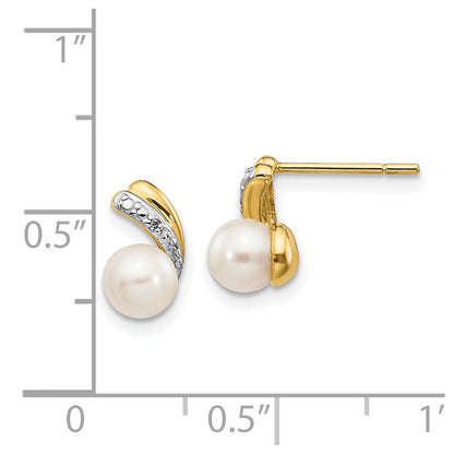 14K Gelbgold Ohrstecker mit 5-6 mm weißer runder Süßwasser-Zuchtperle und 0,01 ct. Echtdiamant