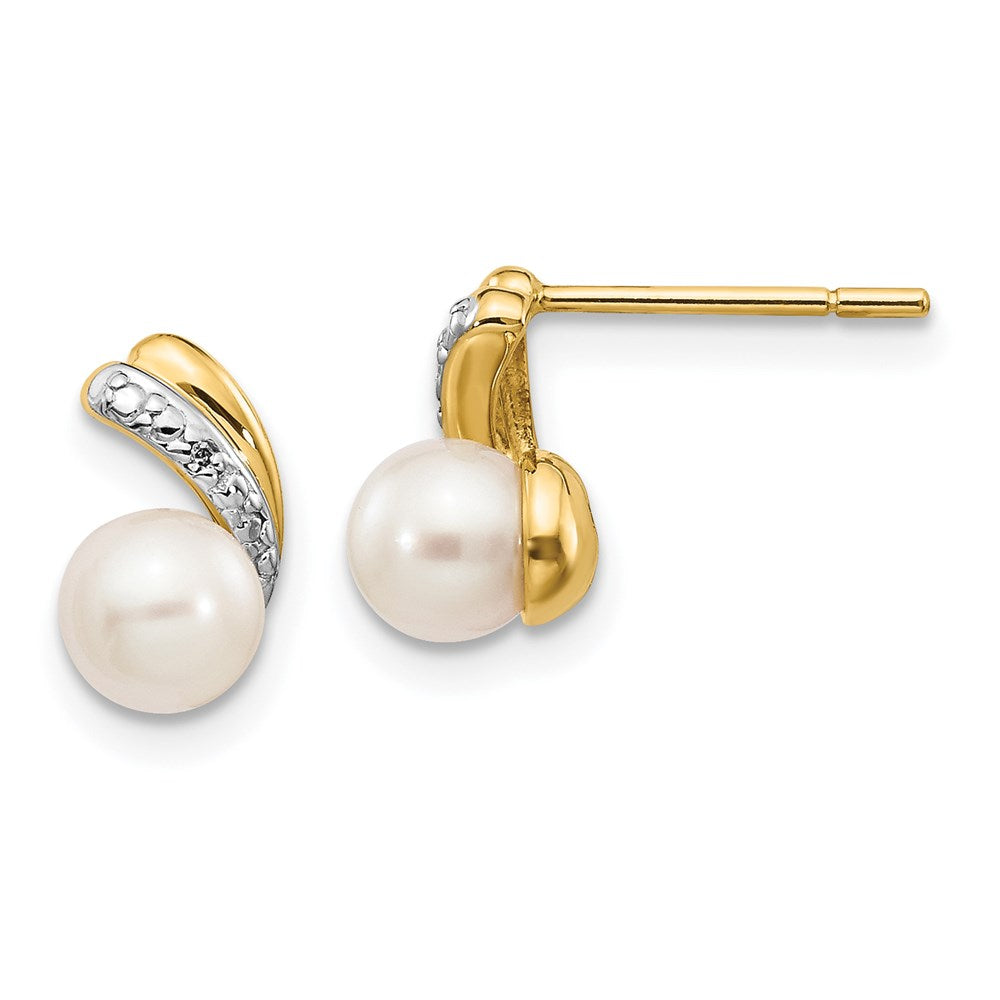 14K Gelbgold Ohrstecker mit 5-6 mm weißer runder Süßwasser-Zuchtperle und 0,01 ct. Echtdiamant