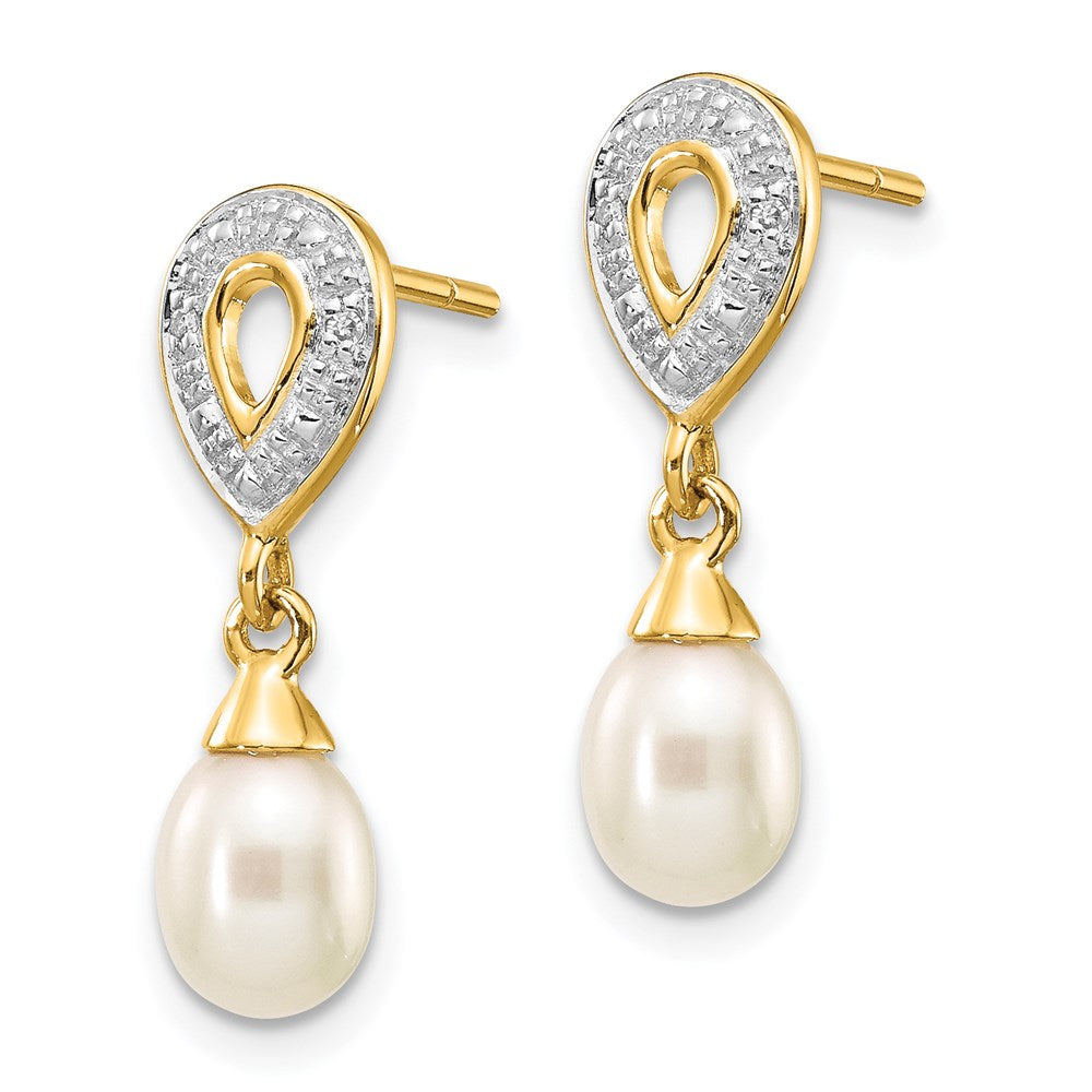 14K Gelbgold 7x5mm Weiße Tropfen-Süßwasserzuchtperle 0,01 ct. Echte Diamant-Ohrhänger