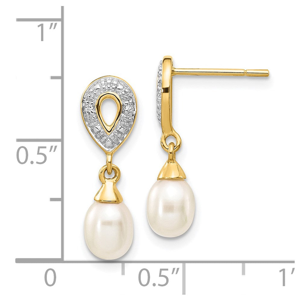 14K Gelbgold 7x5mm Weiße Tropfen-Süßwasserzuchtperle 0,01 ct. Echte Diamant-Ohrhänger