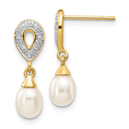 14K Gelbgold 7x5mm Weiße Tropfen-Süßwasserzuchtperle 0,01 ct. Echte Diamant-Ohrhänger