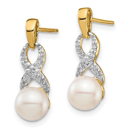 14K Gelbgold Ohrhänger mit 6-7 mm weißer runder Süßwasser-Zuchtperle und 0,01 ct. echtem Diamant