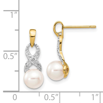 14K Gelbgold Ohrhänger mit 6-7 mm weißer runder Süßwasser-Zuchtperle und 0,01 ct. echtem Diamant