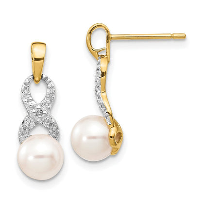 14K Gelbgold Ohrhänger mit 6-7 mm weißer runder Süßwasser-Zuchtperle und 0,01 ct. echtem Diamant