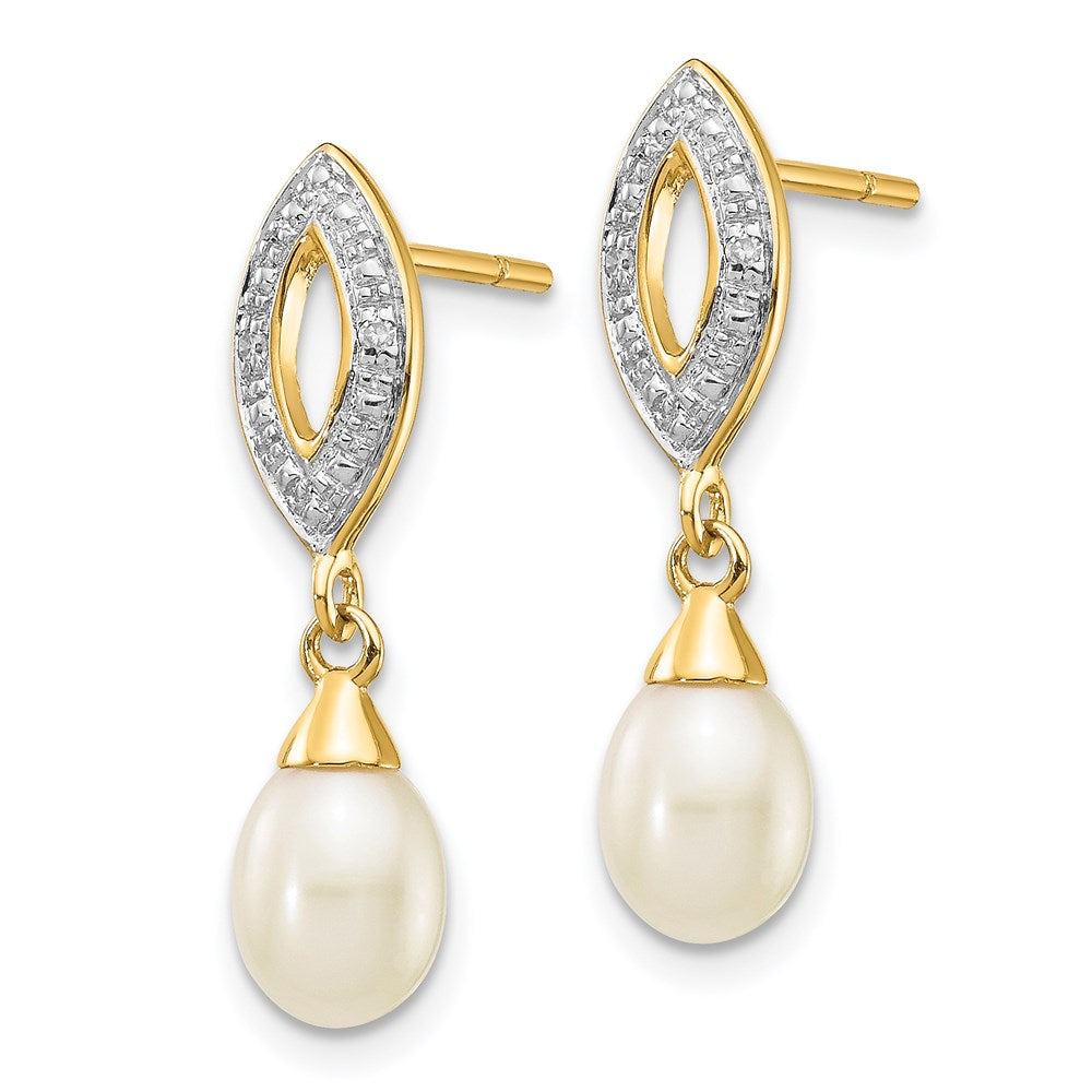 14K Gelbgold Ohrhänger mit 7x5 mm weißer tropfenförmiger Süßwasserzuchtperle und 0,01 ct. echten Diamanten