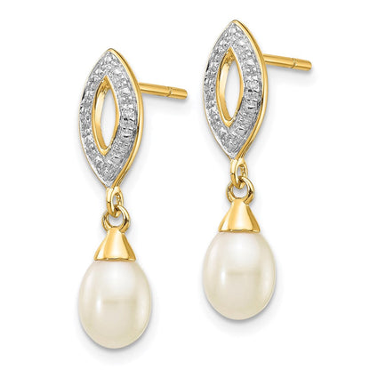 14K Gelbgold Ohrhänger mit 7x5 mm weißer tropfenförmiger Süßwasserzuchtperle und 0,01 ct. echten Diamanten