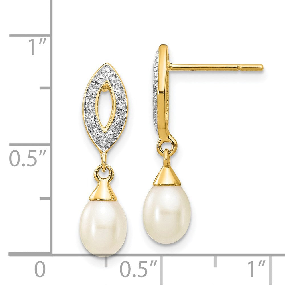 14K Gelbgold Ohrhänger mit 7x5 mm weißer tropfenförmiger Süßwasserzuchtperle und 0,01 ct. echten Diamanten