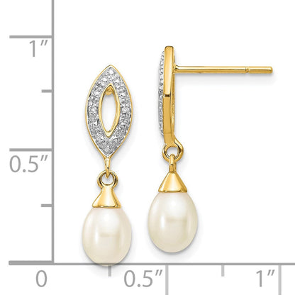 14K Gelbgold Ohrhänger mit 7x5 mm weißer tropfenförmiger Süßwasserzuchtperle und 0,01 ct. echten Diamanten